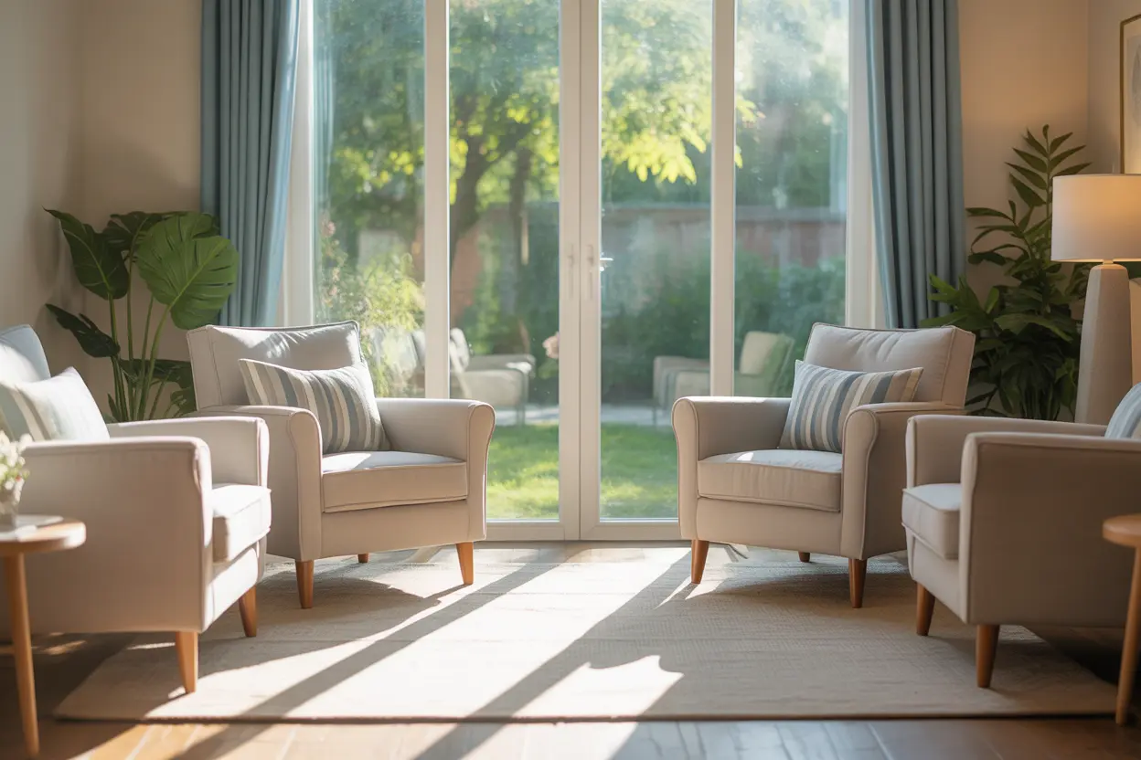 A welcoming therapy room with comfortable armchairs and sunlight streaming through a window.