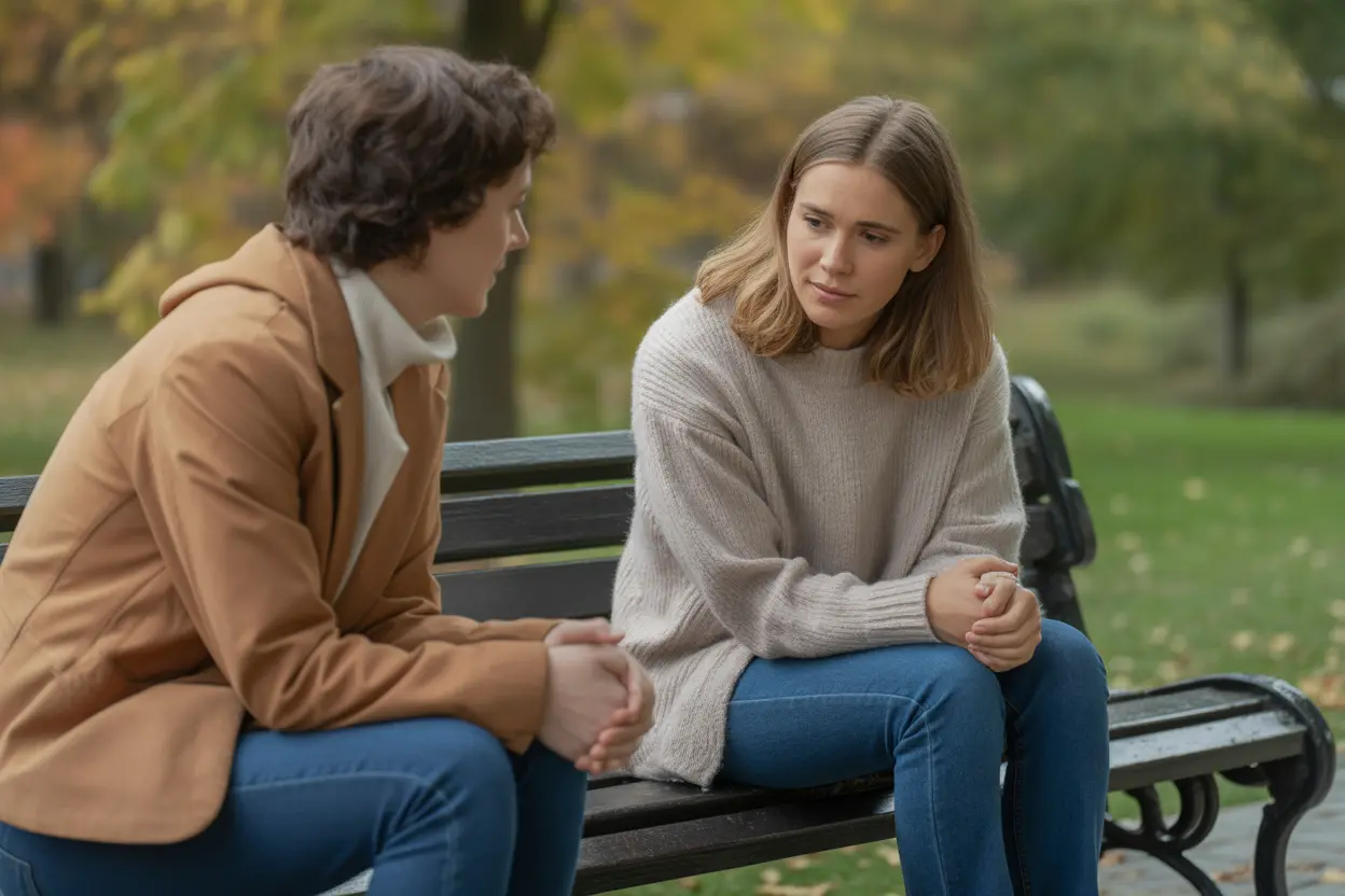 A supportive friend listens intently to another on a park bench in autumn.