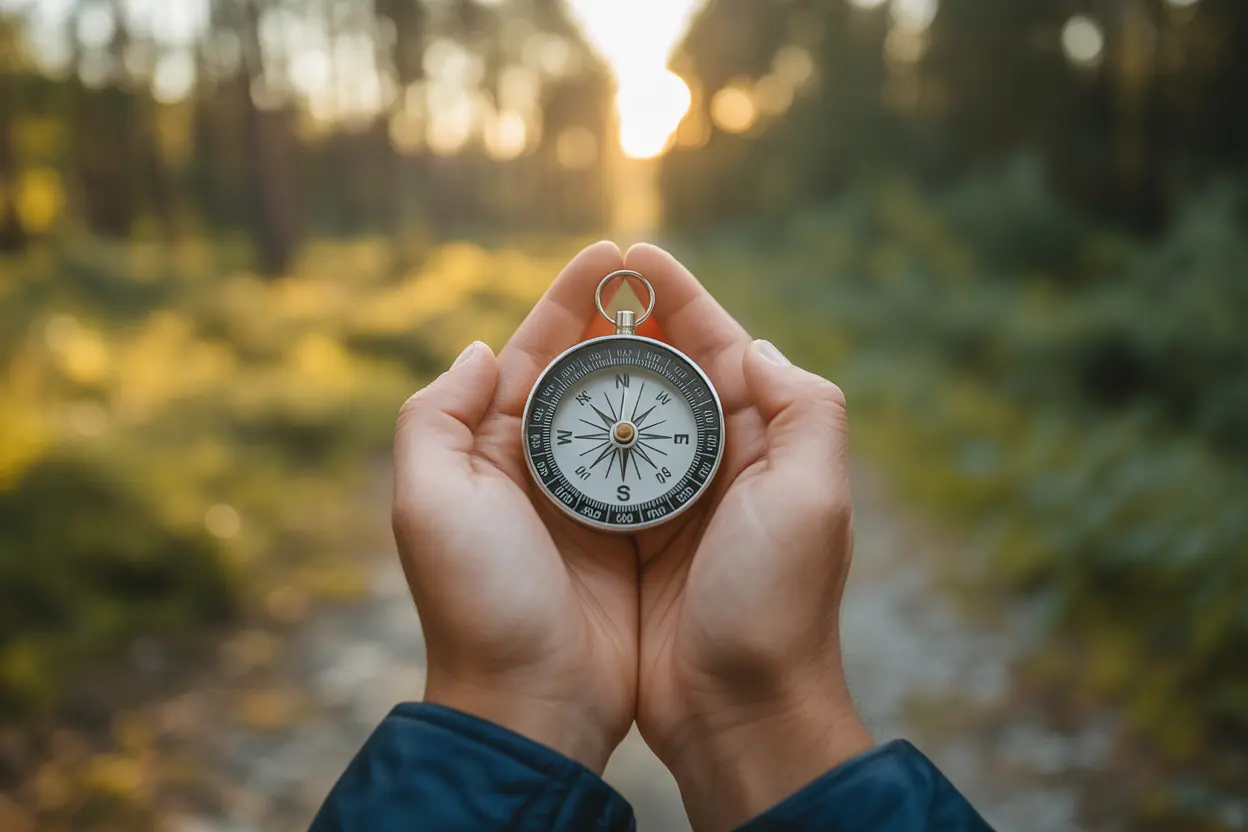 A compass held in a person's hands, symbolizing guidance and finding one's way forward on a sunlit path.