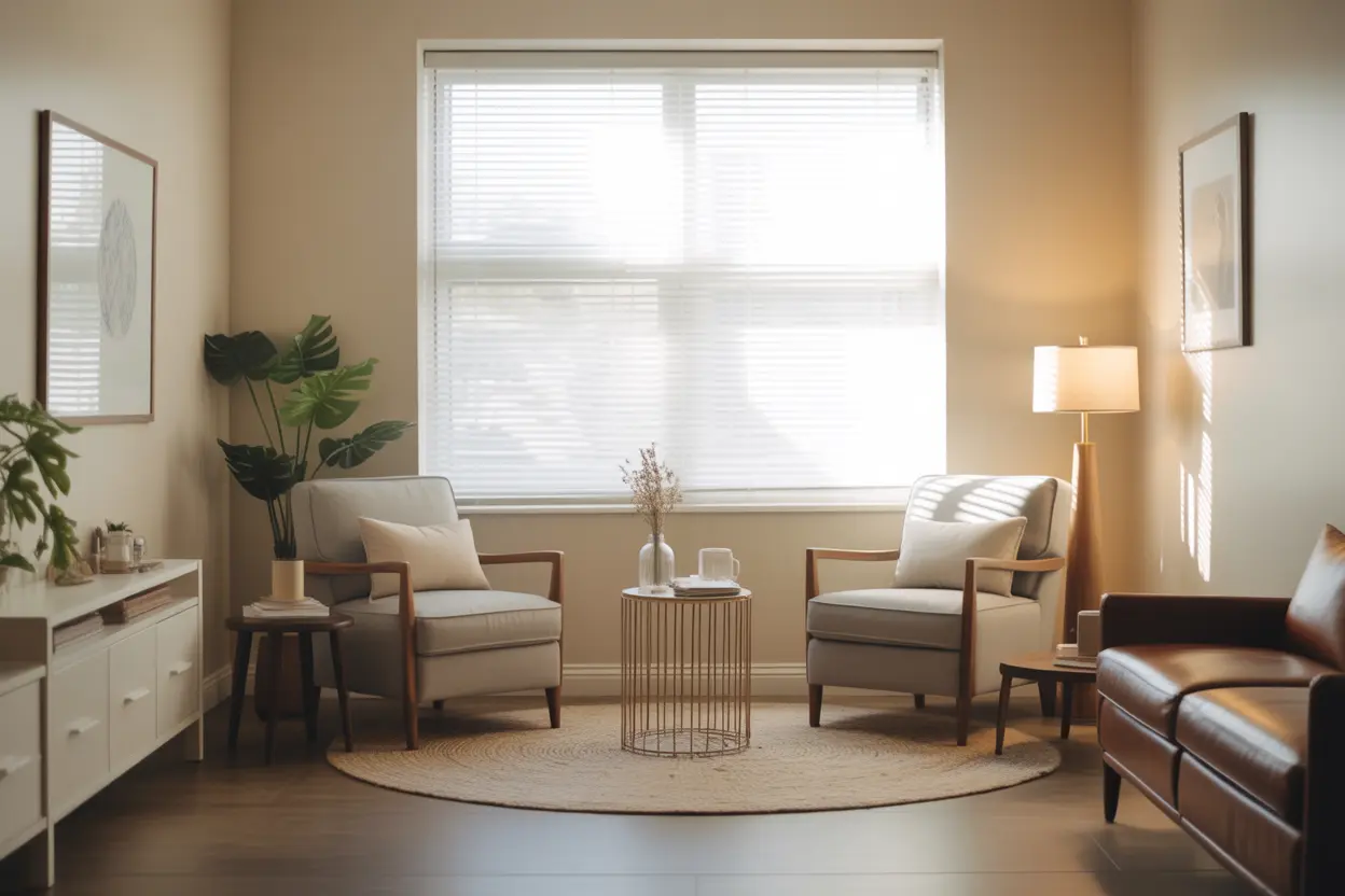 A calm and inviting therapy office with two armchairs ready for a session.