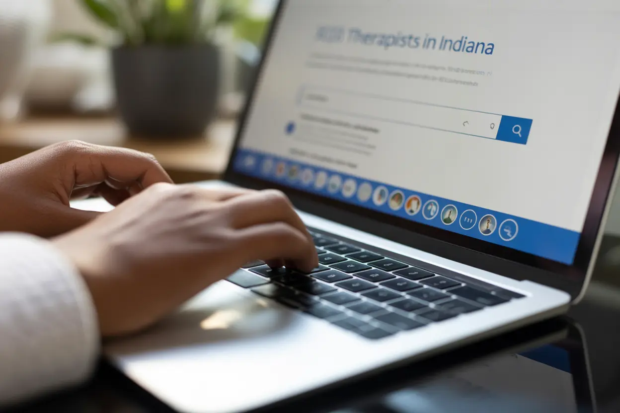 A person's hands typing on a laptop, searching for a therapist in Indiana.