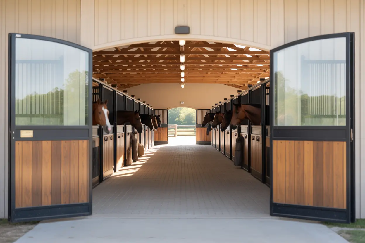 A well-maintained and peaceful horse stable at an Indiana rehab facility, representing a safe environment for equine therapy.
