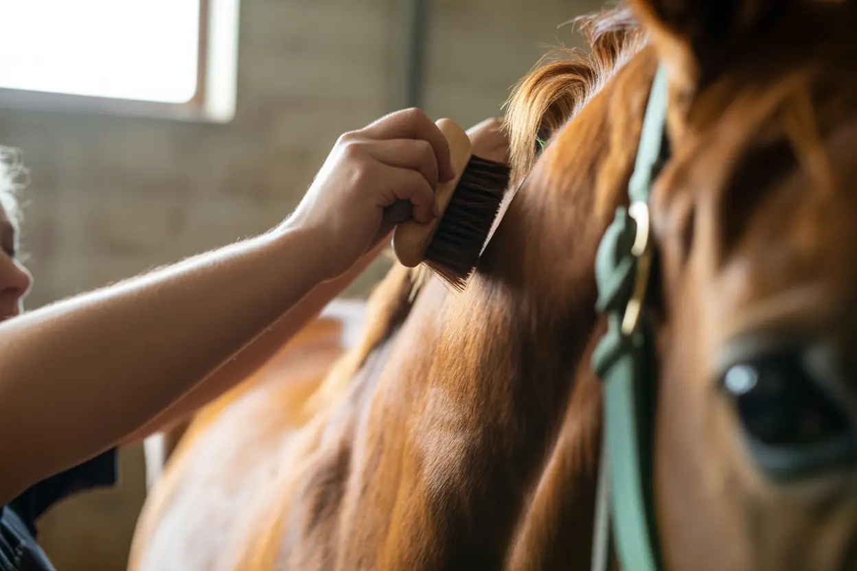 A person's hands gently grooming a horse's mane, symbolizing the trust and mindfulness in equine therapy.