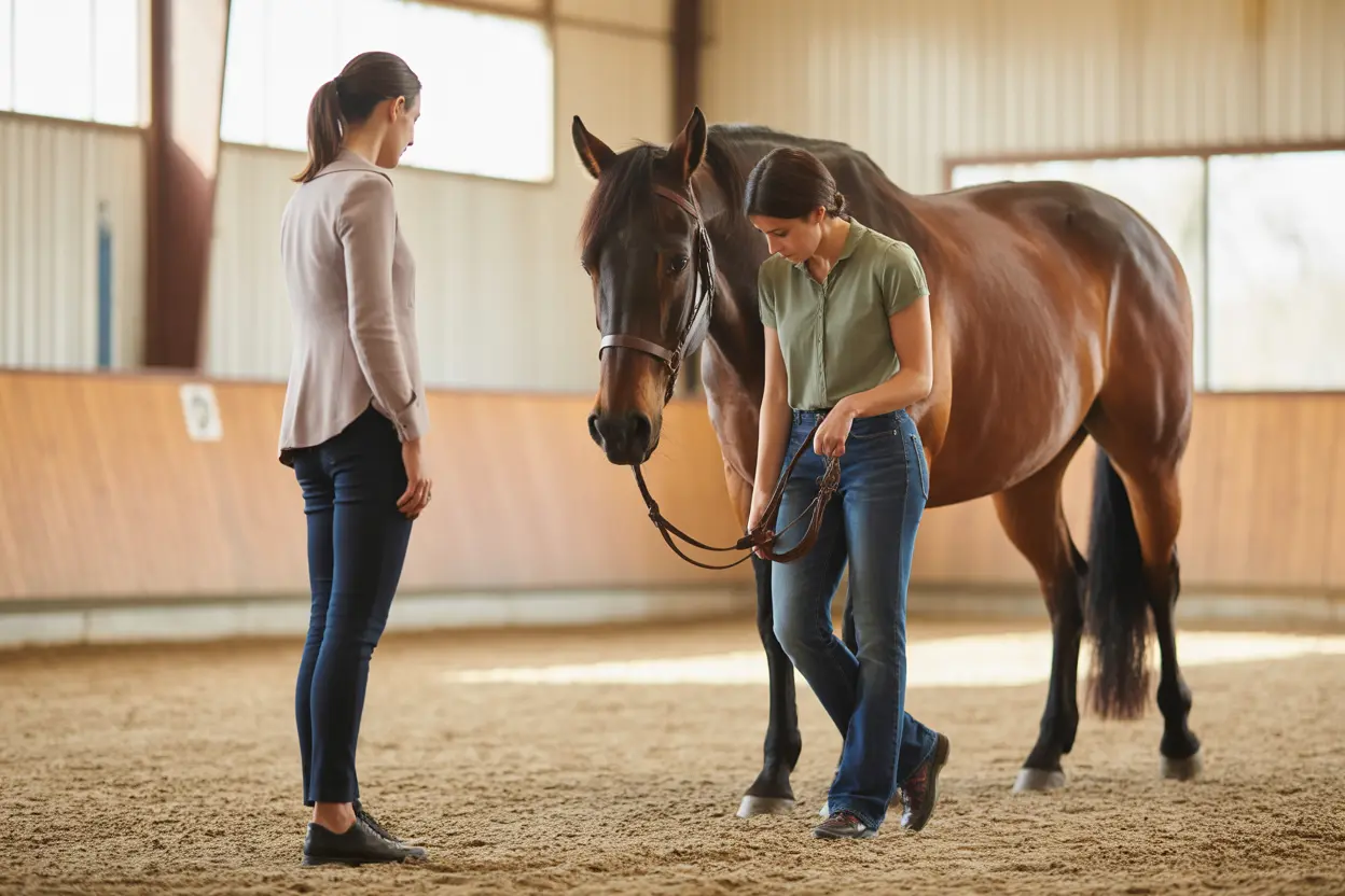A client leads a horse in a sunlit arena while a therapist observes from a distance, showing a moment of trust.