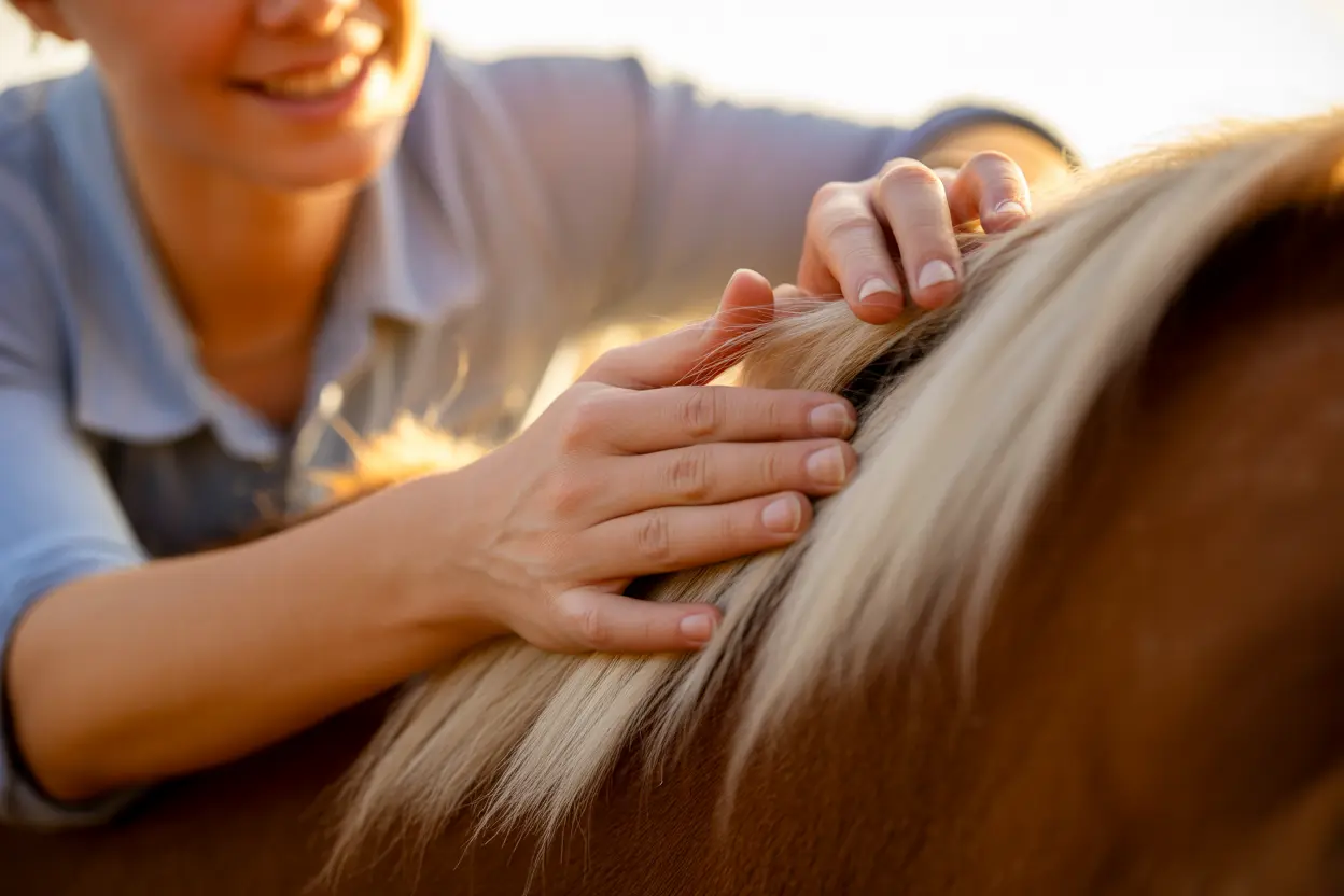 A person smiling peacefully while grooming a horse's mane, showing a calm and healing connection.