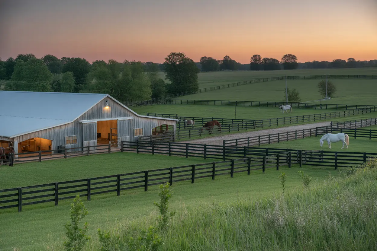 A serene Indiana ranch at dusk, with horses grazing peacefully in a pasture, representing a safe and inviting therapeutic environment.