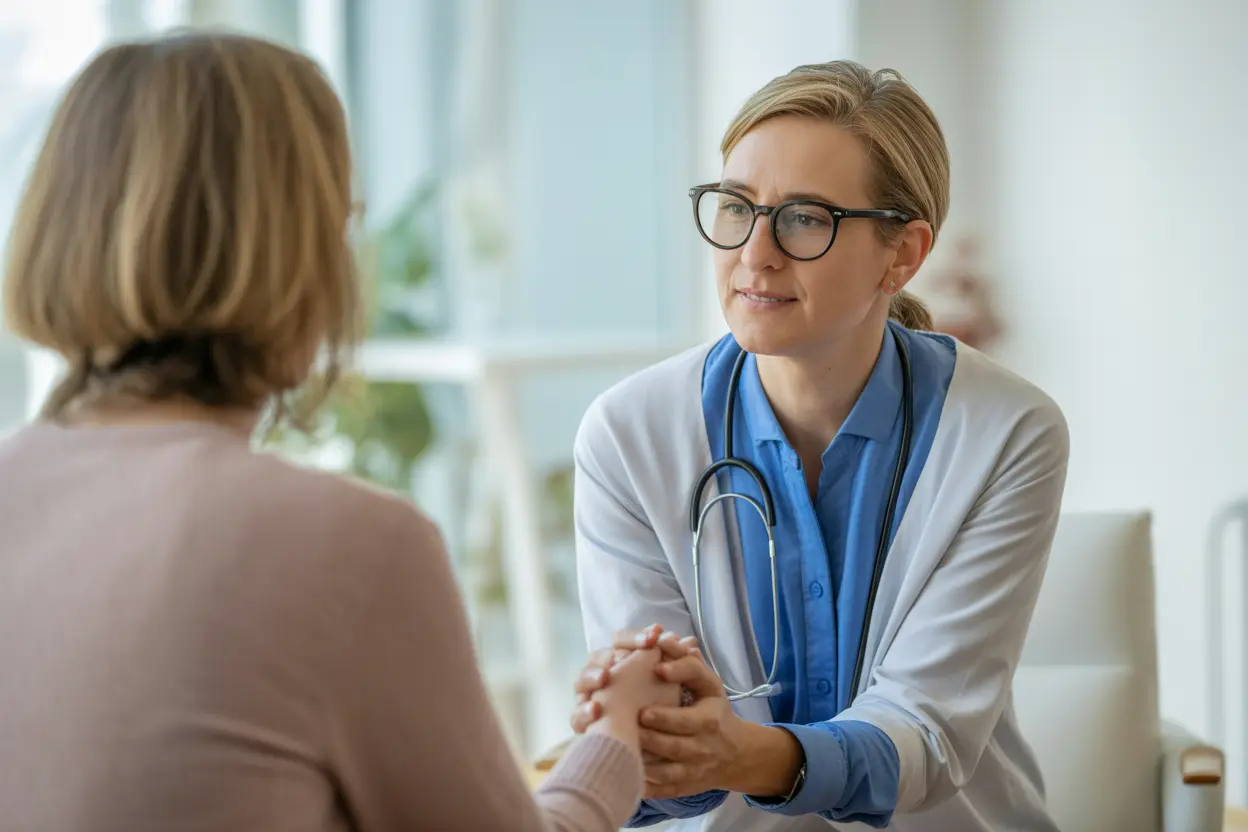 A compassionate healthcare professional and a patient have a supportive conversation in a calm office.