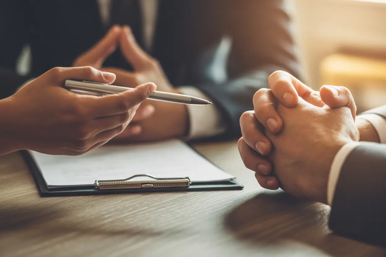 A close-up of a clinician's hands on a clipboard and a patient's hands clasped on a table during a consultation.