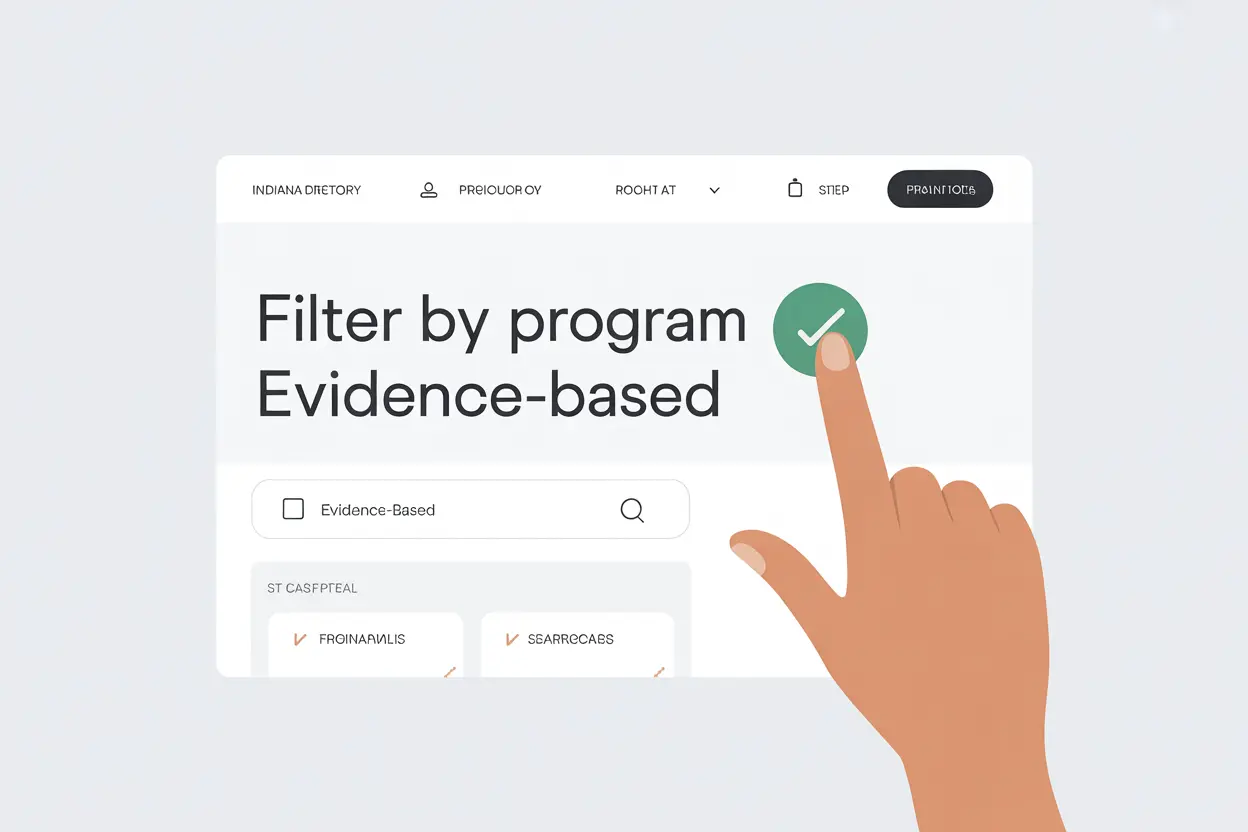 A graphic showing how to filter for evidence-based rehab programs on the Indiana Rehabs directory website.