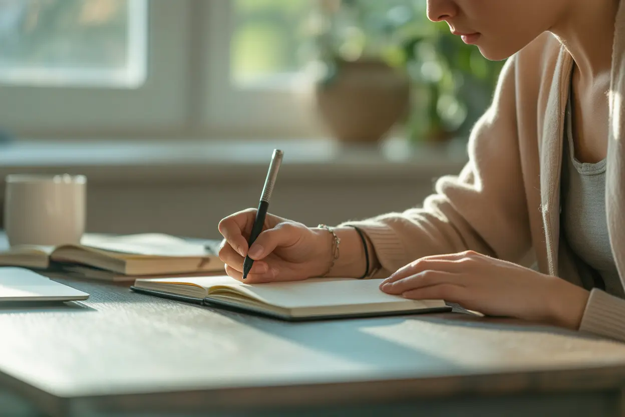A person sits at a desk in a sunlit room, writing in a journal, which represents taking control through therapy.