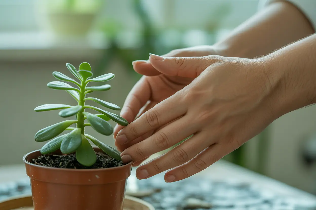 A person's hands gently caring for a small green plant, symbolizing growth and healing.