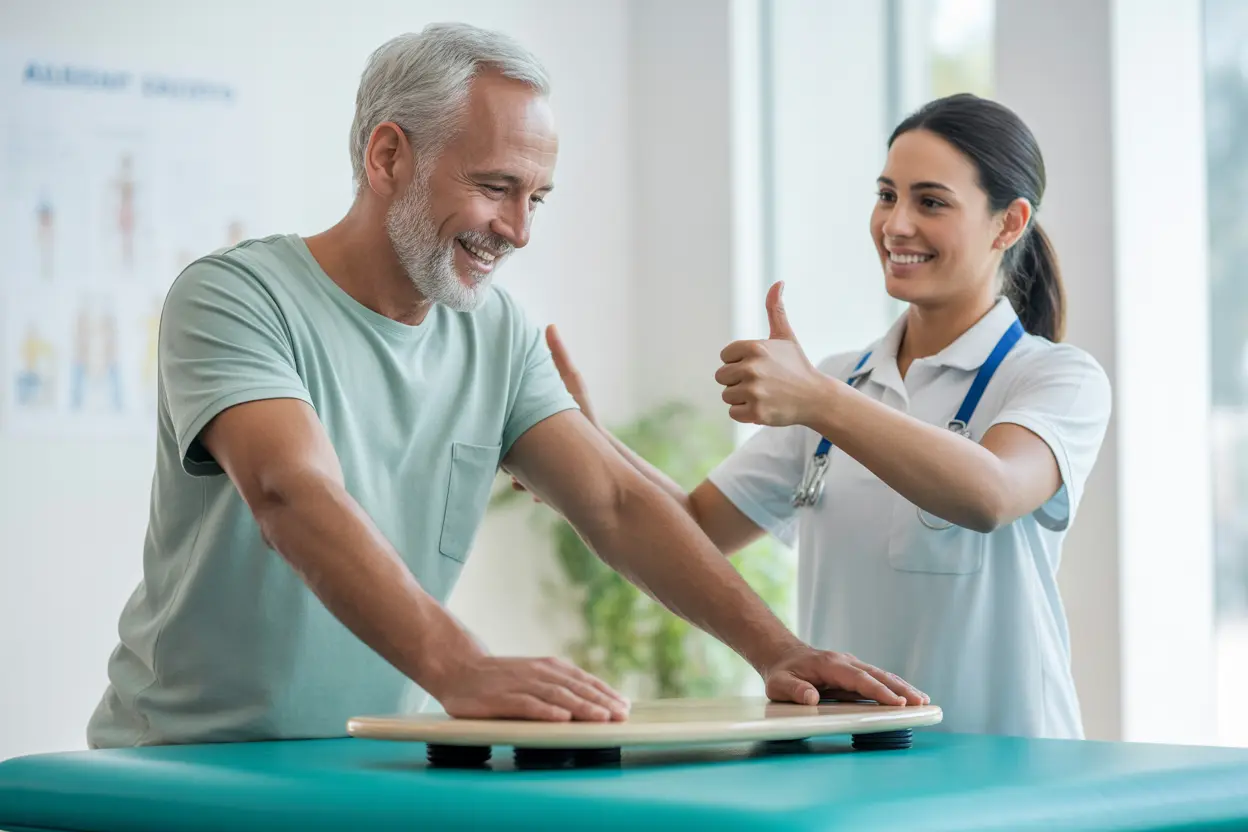 An elderly man smiling proudly while balancing on a board, with his therapist giving a thumbs-up.