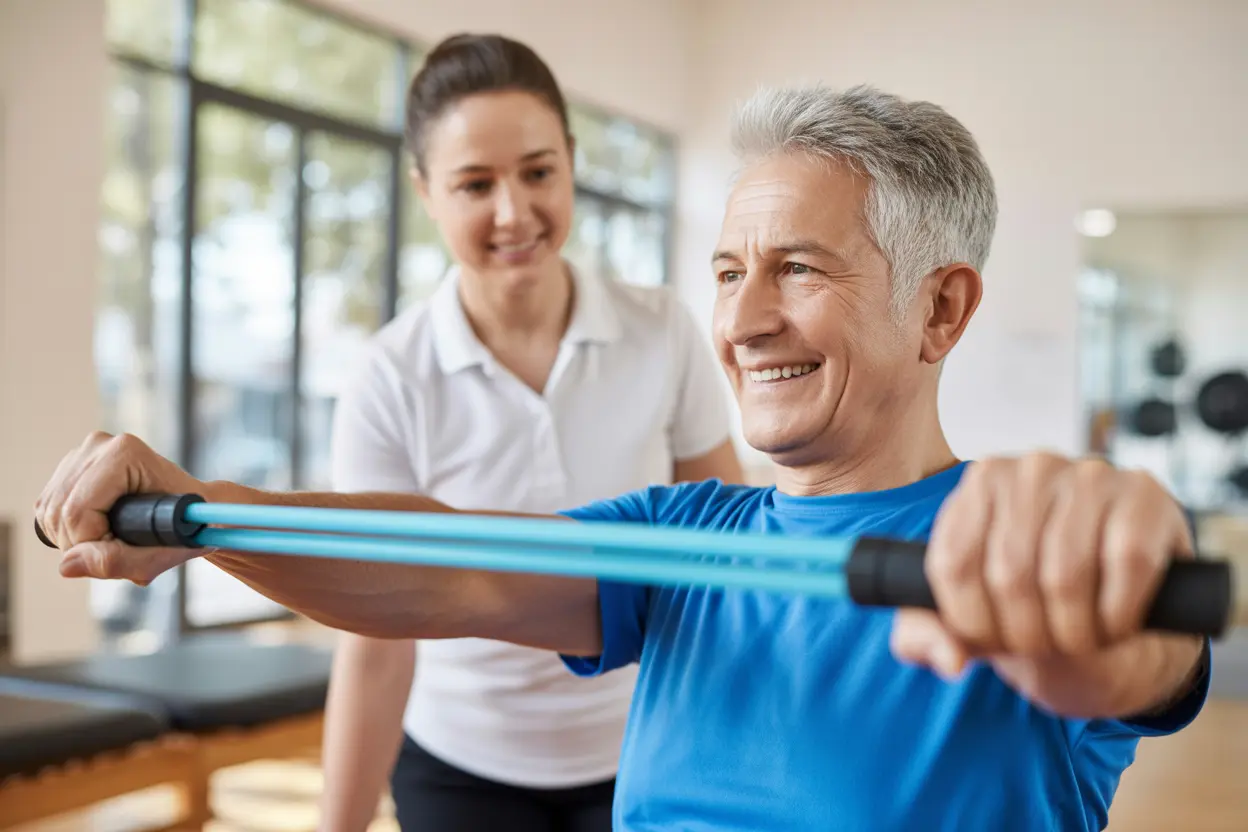 An older woman smiling while using a resistance band for strength training, with her therapist in the background.