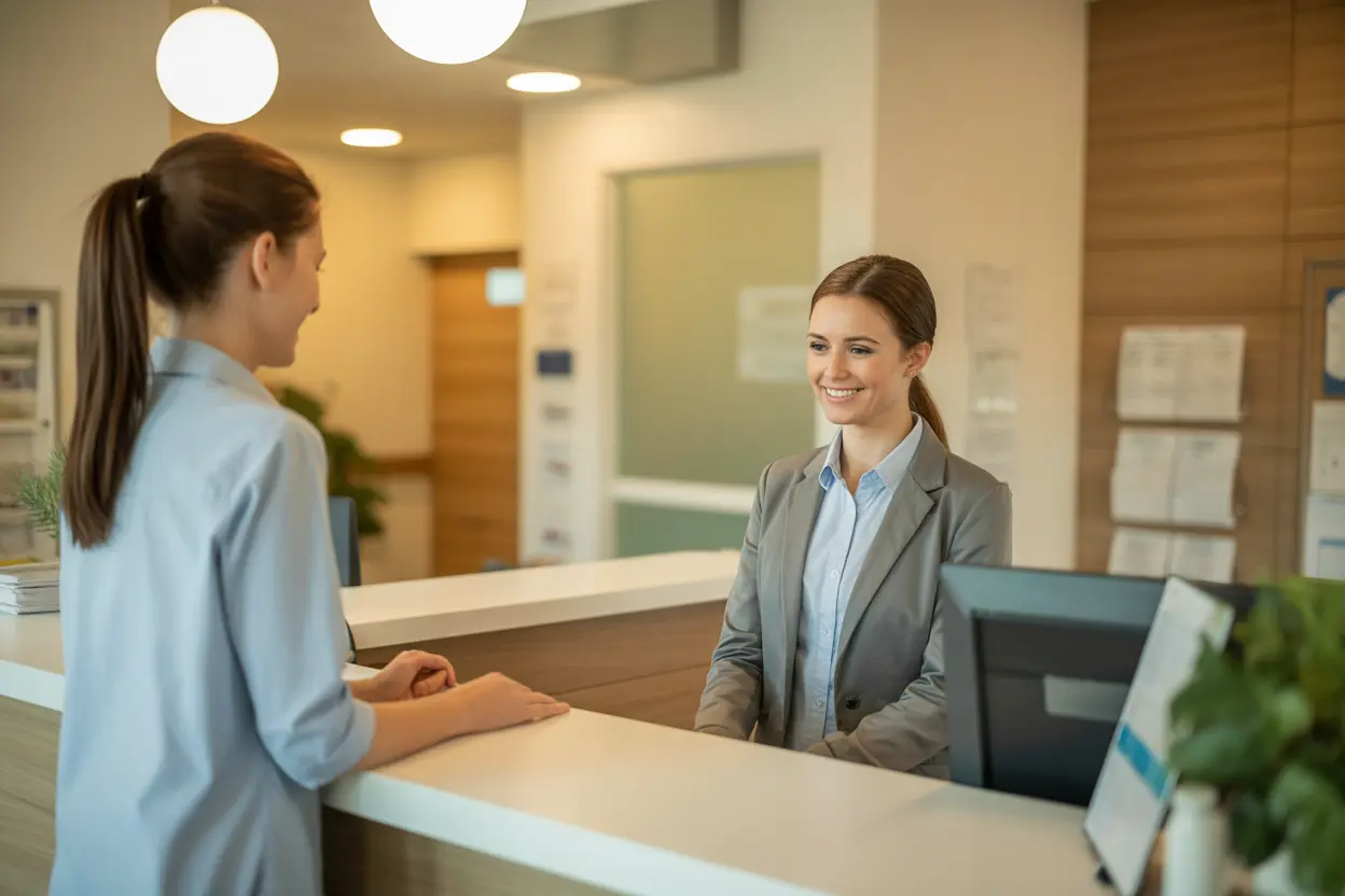 The warm and inviting reception area of a modern physical therapy clinic in Indiana.