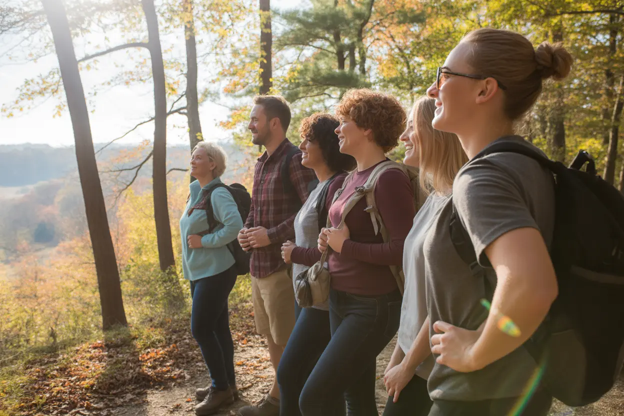 A diverse group of people hiking in an Indiana forest during autumn, representing the supportive community of adventure therapy.