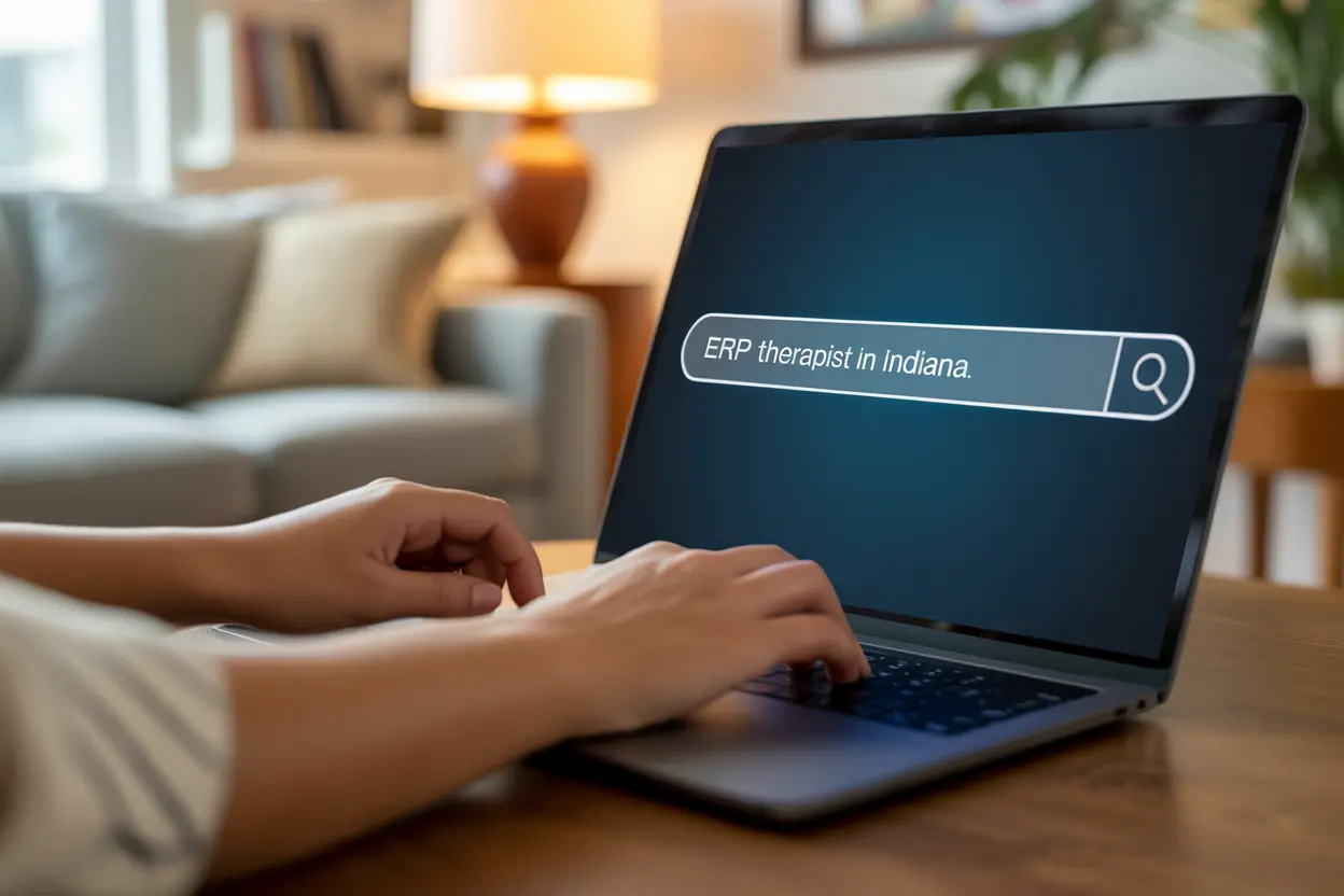 A person searching online for 'ERP therapist in Indiana' on a laptop.