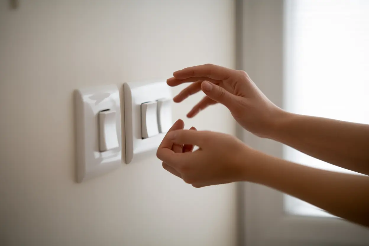 A person's hands paused over a light switch, symbolizing response prevention.