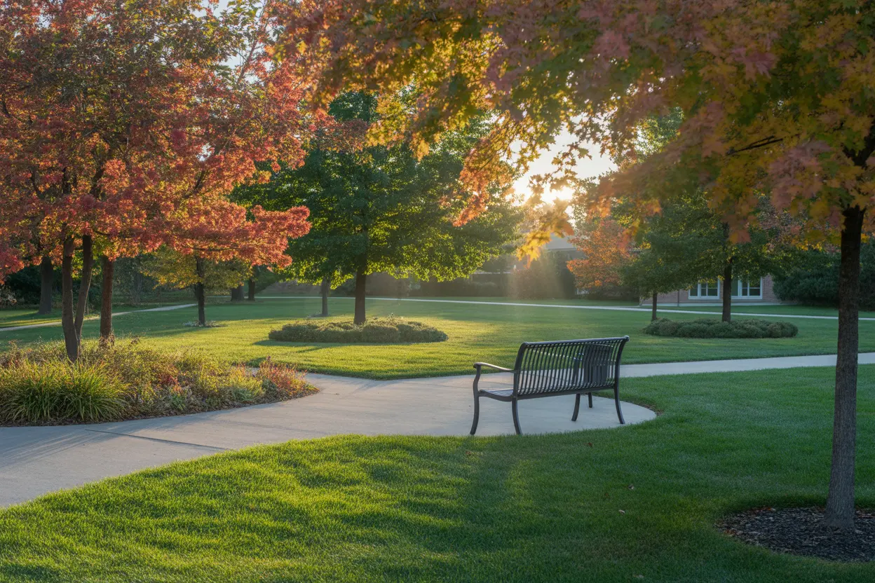 A tranquil garden path at a care facility in Indiana during autumn.