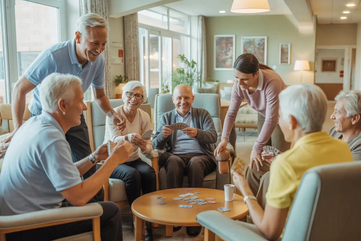 Residents playing a card game together in a communal area of a care facility.