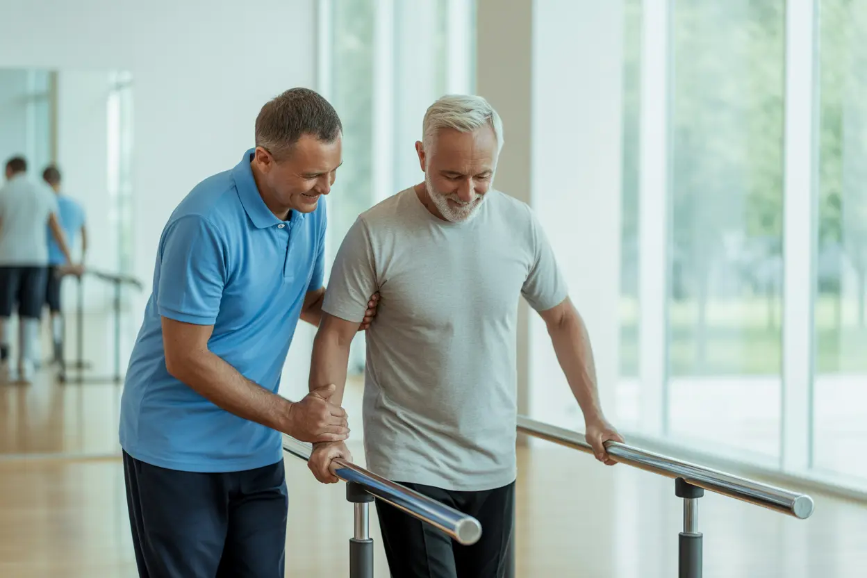 A physical therapist assisting a man with walking exercises in a rehab gym.