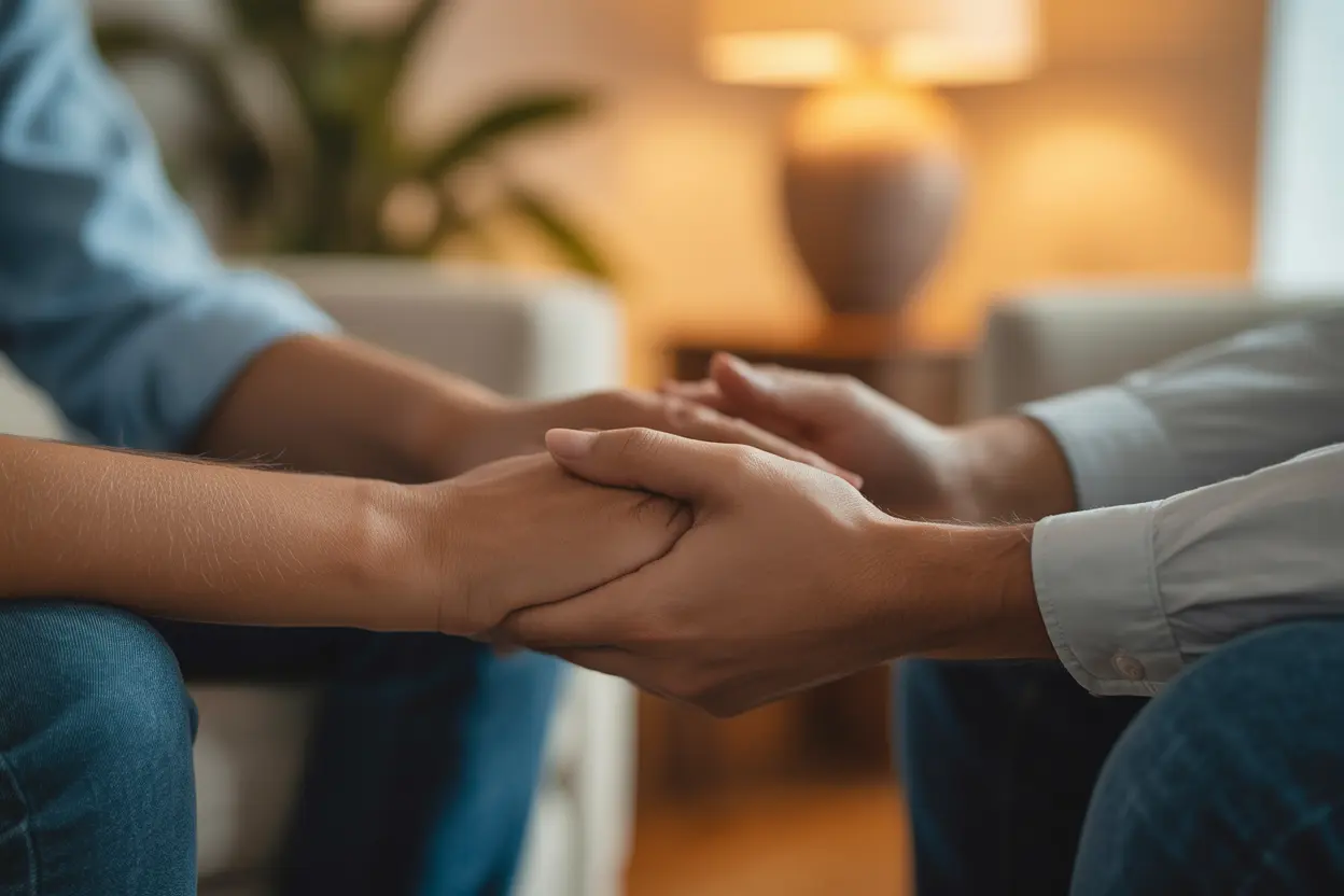 Two people holding hands in a gesture of support during a counseling session.