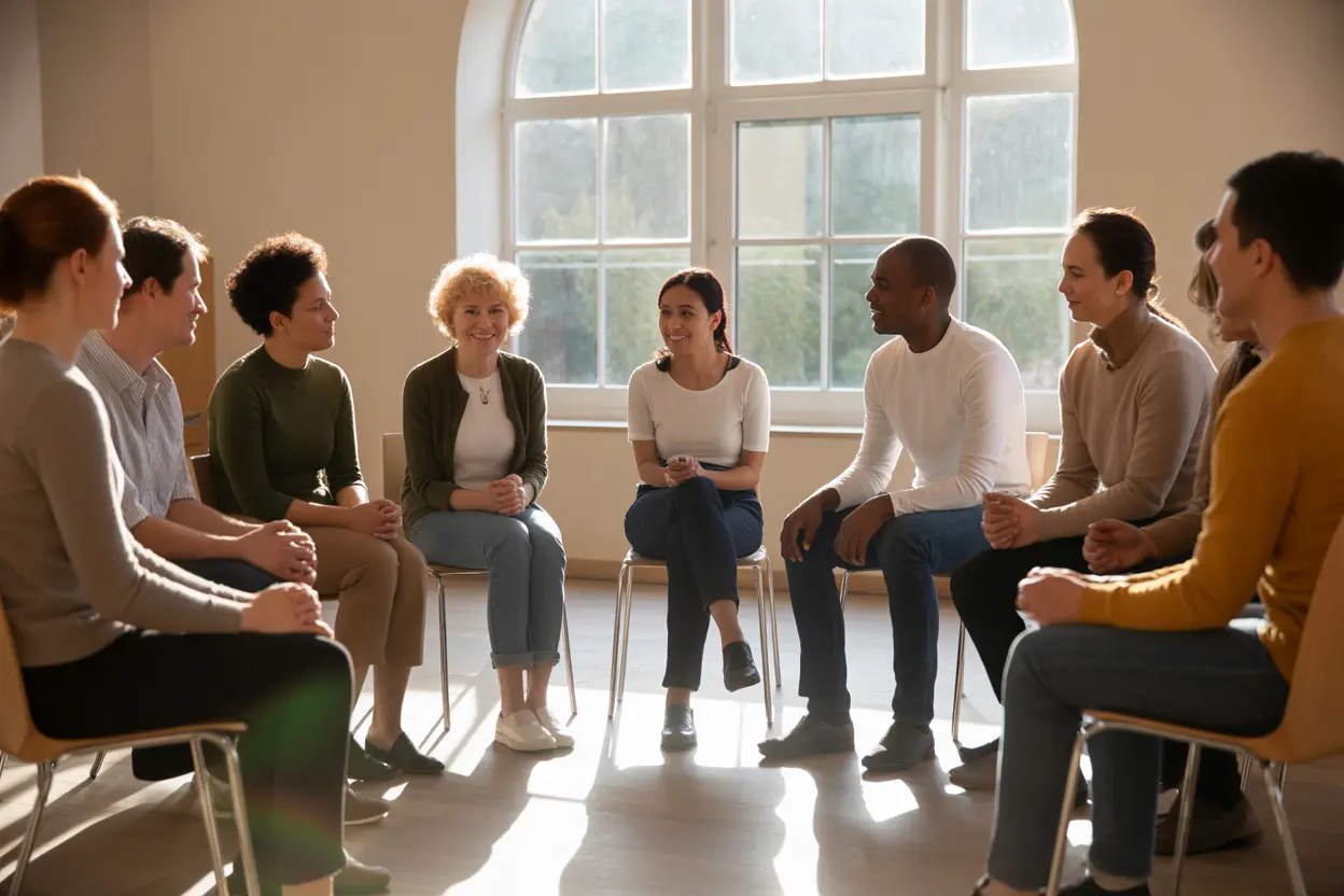 A supportive peer group sitting in a circle during a faith-based recovery meeting.