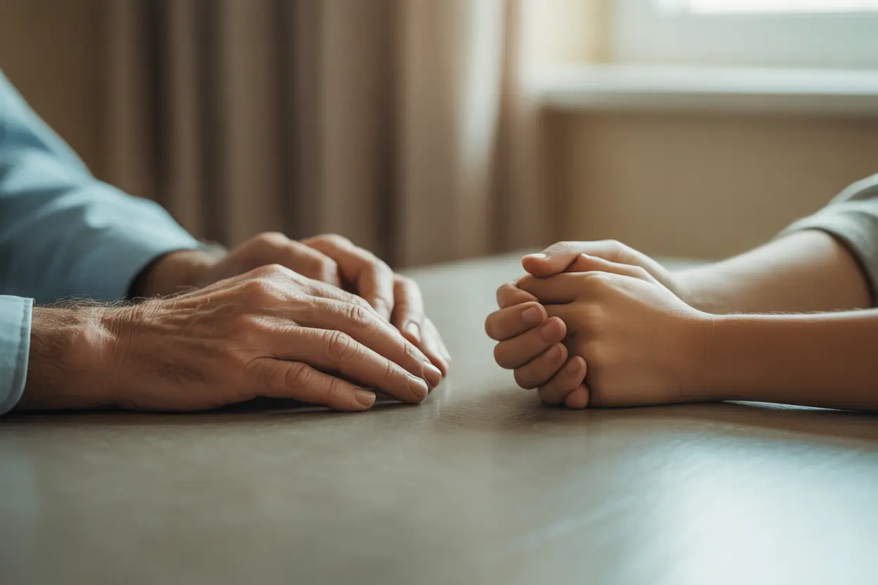 Two pairs of hands, one older and one younger, rest closely on a table, symbolizing the delicate process of rebuilding a family connection.