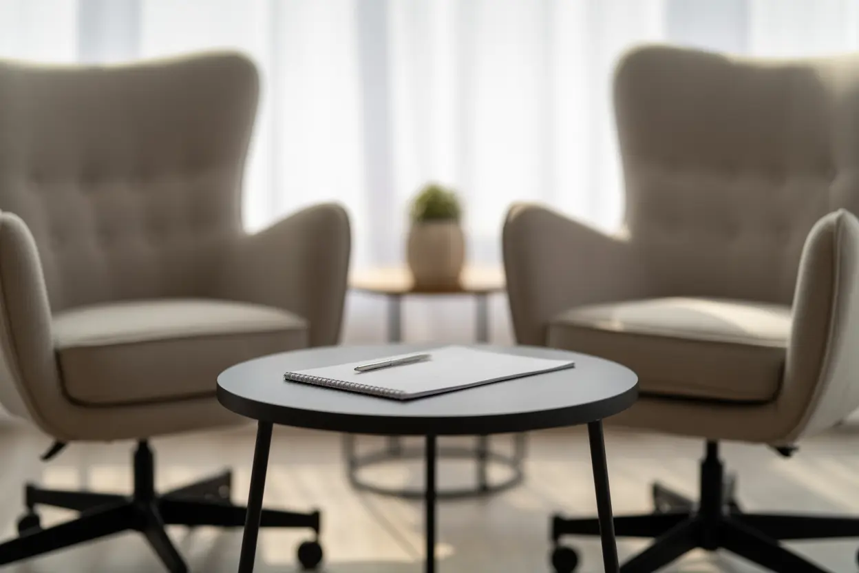 An empty therapist's office with two chairs and a small table, creating a safe and neutral atmosphere for healing conversations.
