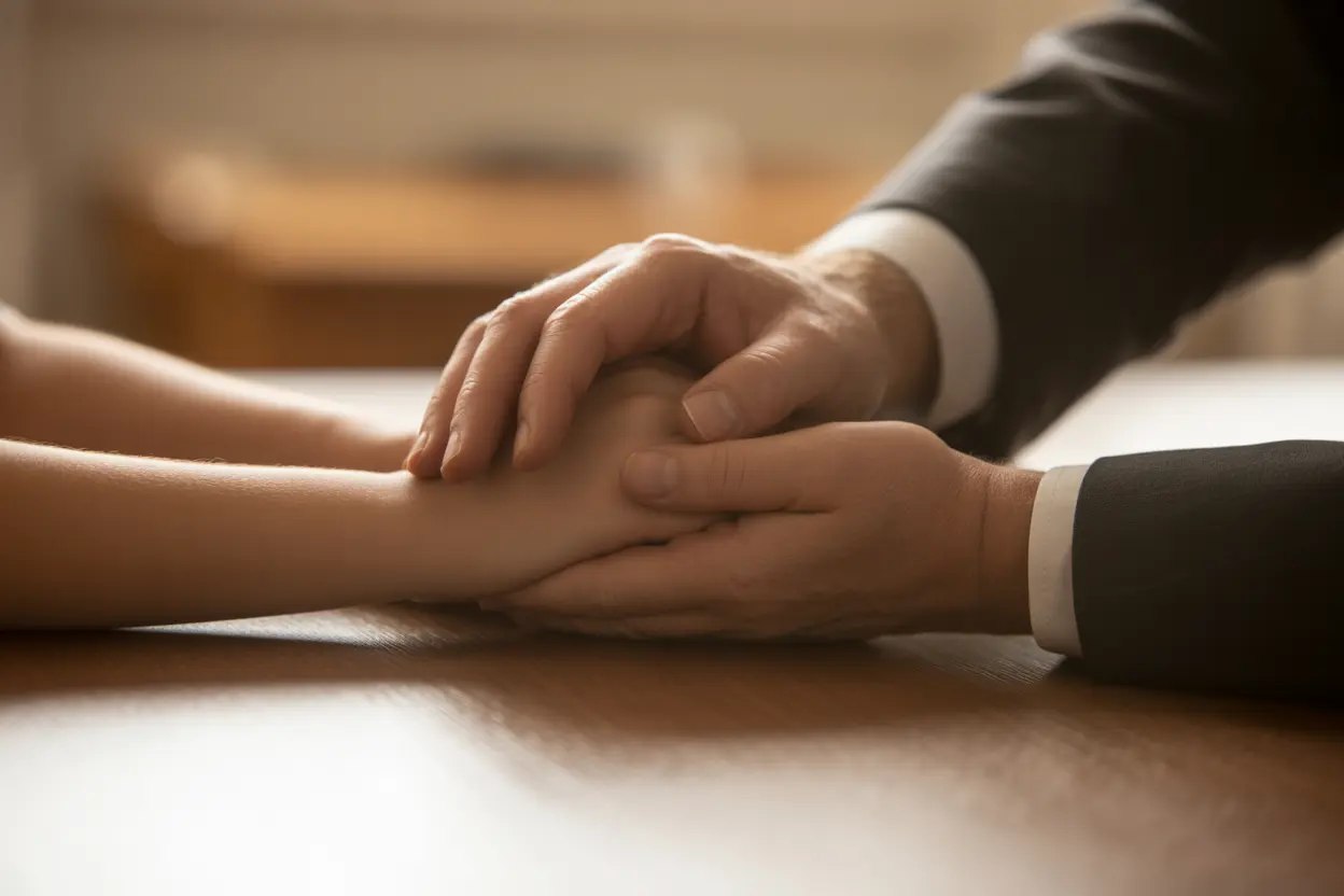 An older person's hands gently comforting a younger person's hands on a table, symbolizing support.
