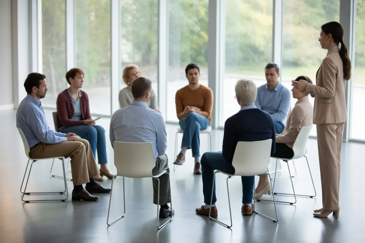 A diverse group of adults in a supportive group therapy session with a counselor.