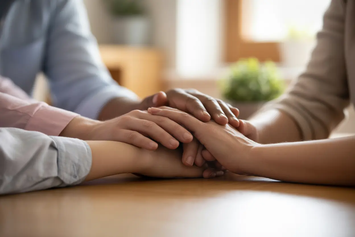 A supportive image showing a family's hands together during a counseling session, representing connection and healing.