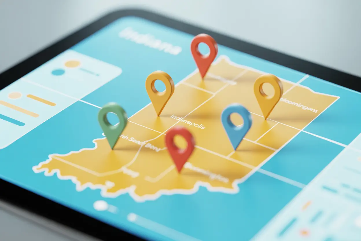 An interactive map of Indiana on a tablet screen, showing various locations for rehab facilities across the state.