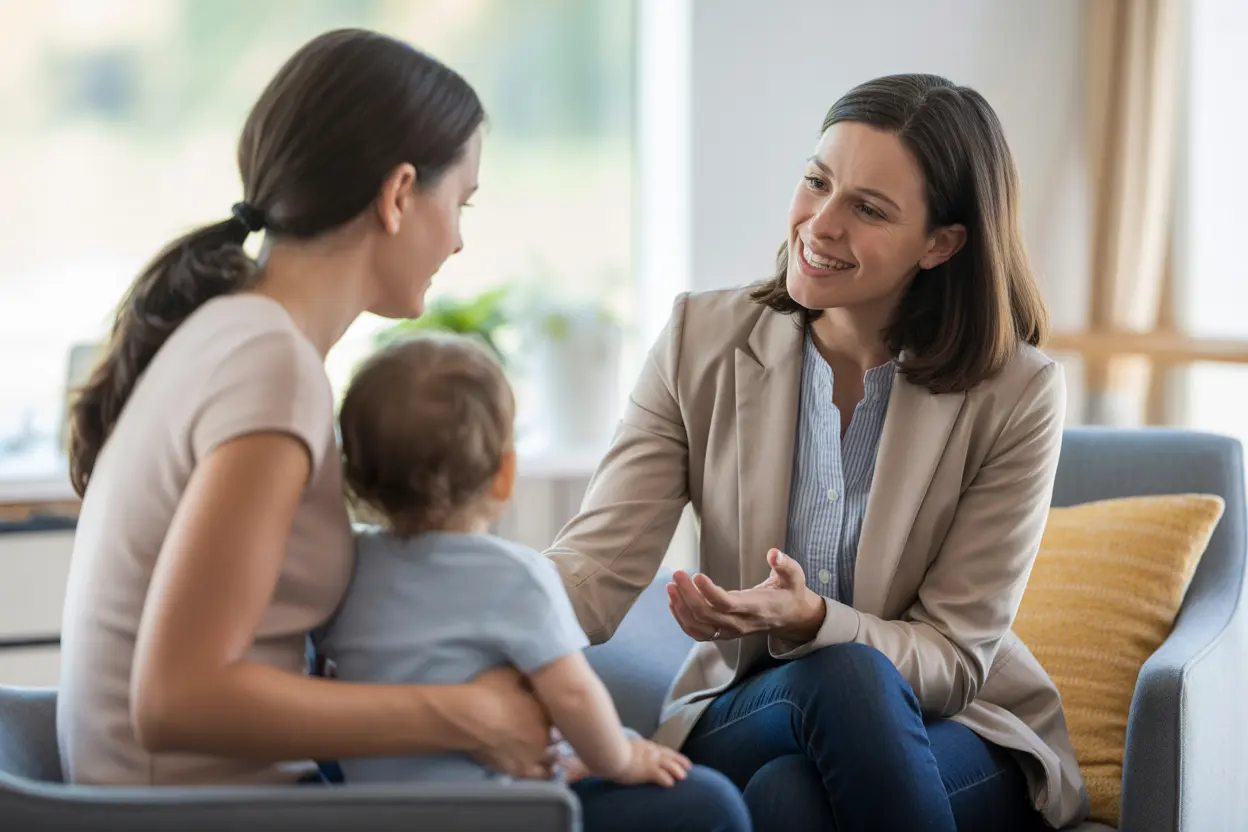 A caring counselor talks with a mother holding her young child in a safe, welcoming office.