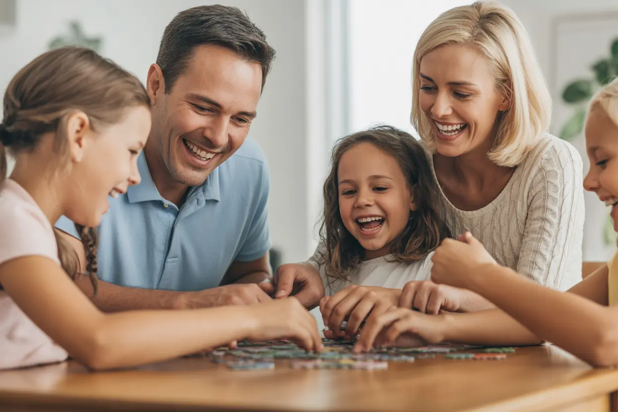 A happy, diverse family laughing together while they work on a puzzle, symbolizing the positive results and connection from therapy.