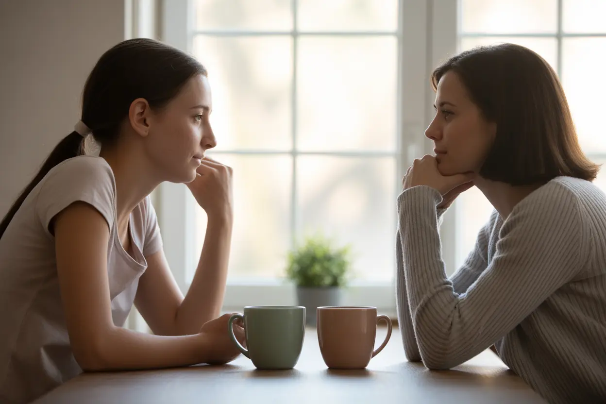 A mother and daughter sit at a kitchen table with tea, contemplating a difficult but hopeful conversation in the morning light.