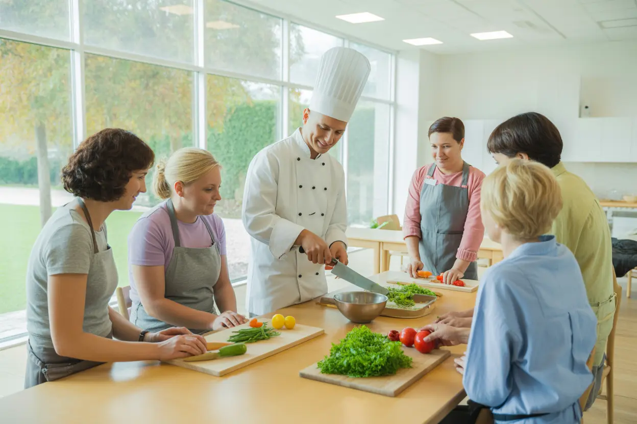 A chef instructs a group of residents on preparing fresh vegetables in a bright, modern rehab kitchen.