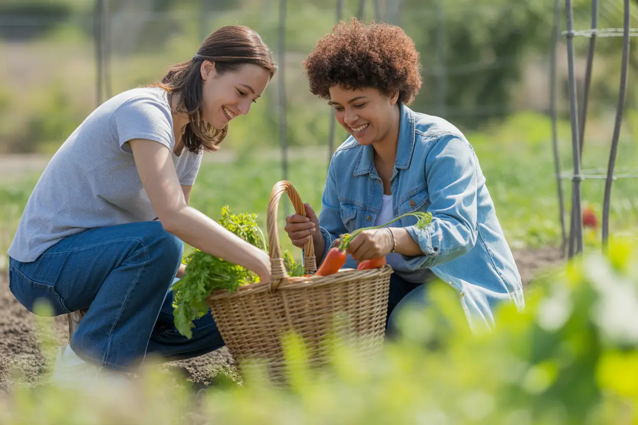 Two people smiling and working together while harvesting vegetables in a sunny garden.