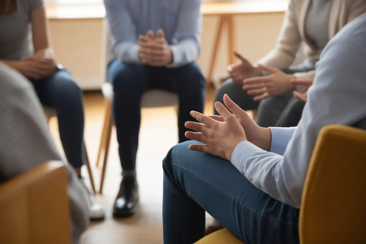 A supportive group therapy session in a bright, comfortable room, representing the community aspect of fentanyl rehab.