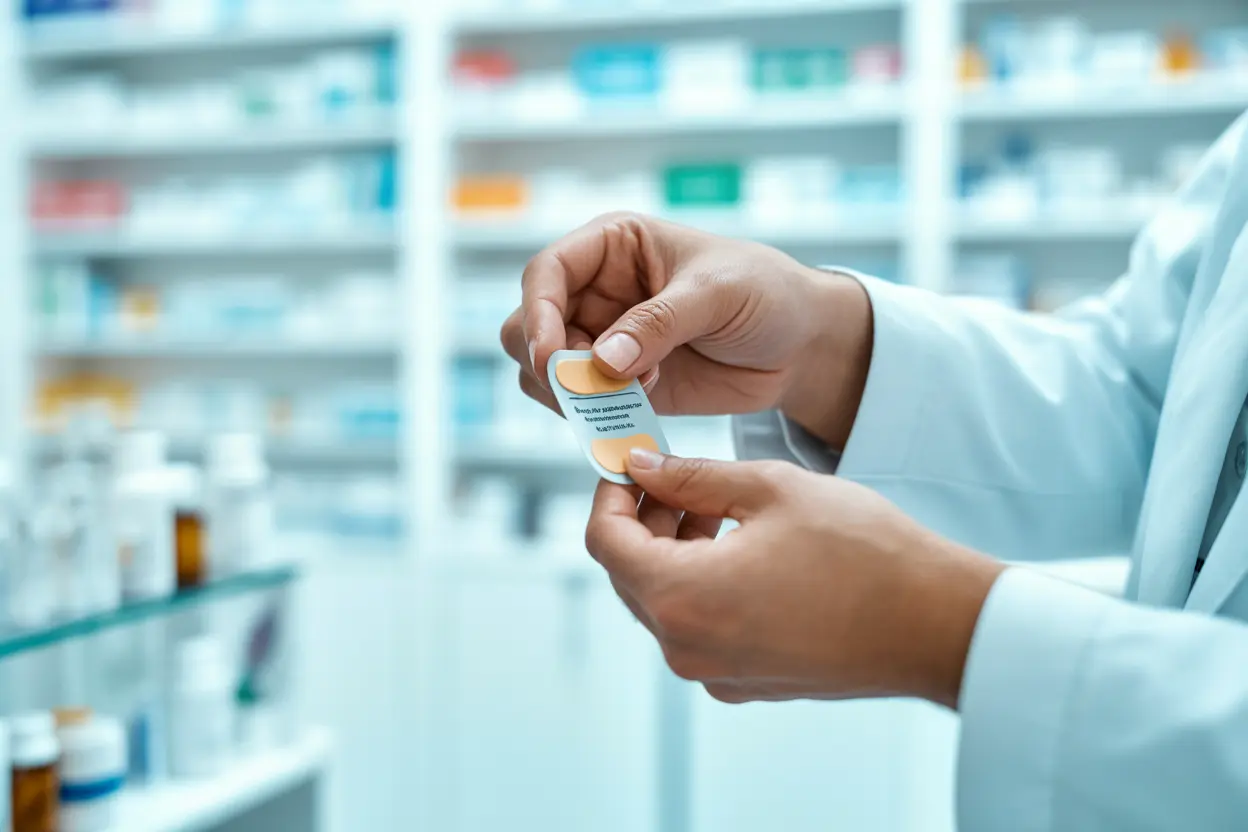 A pharmacist's hands carefully handling a sealed transdermal patch in a sterile pharmacy environment, symbolizing the legitimate medical use of fentanyl.