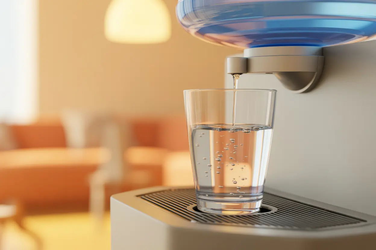 A glass of clean, refreshing water being poured from a modern filtered water dispenser in a comfortable setting.