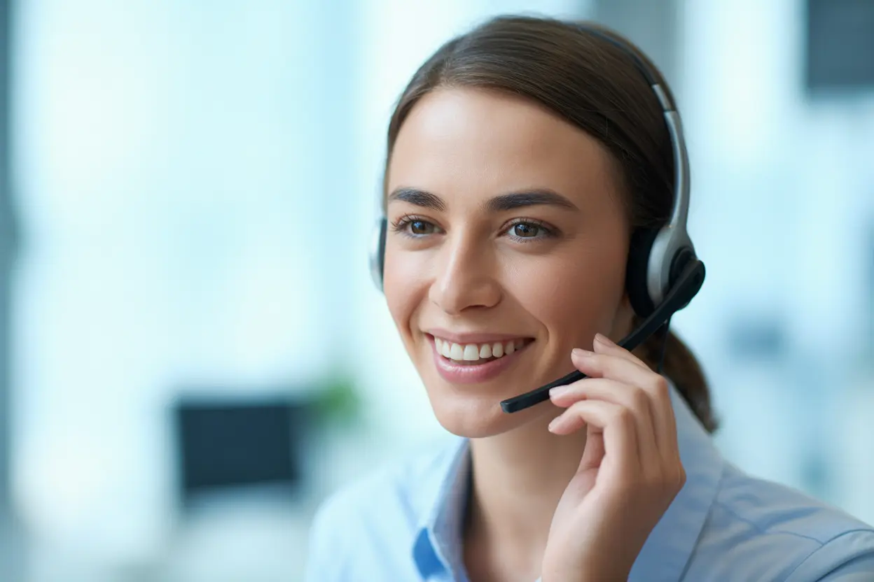 A friendly support representative wearing a headset, ready to assist with financial counseling for rehab.