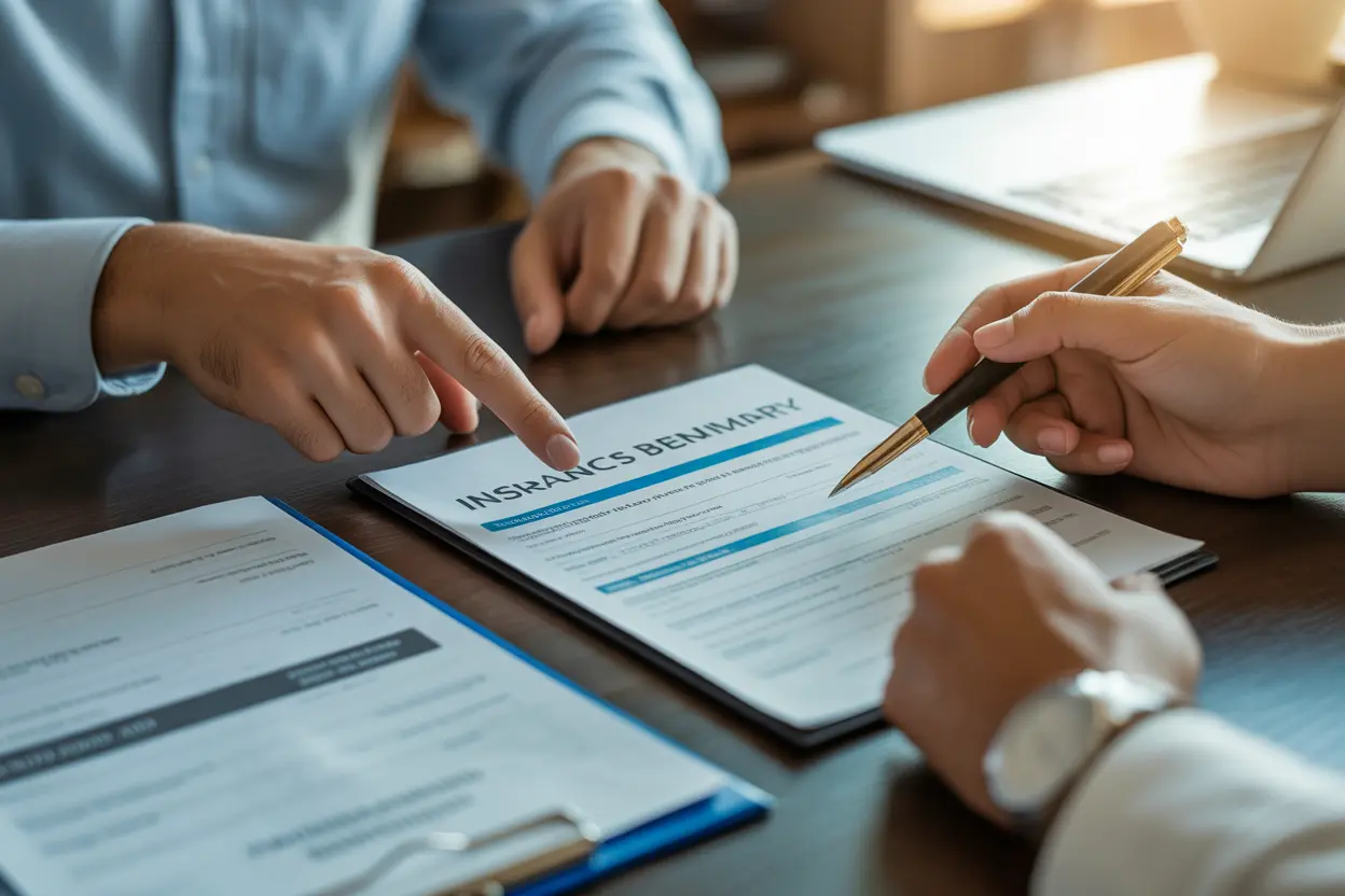 A financial counselor pointing to a line on an insurance document while helping a client.