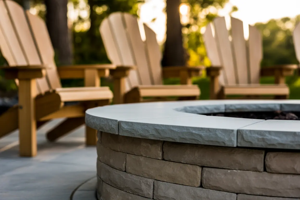 A close-up of a well-built stone fire pit at a treatment facility, conveying warmth and safety.
