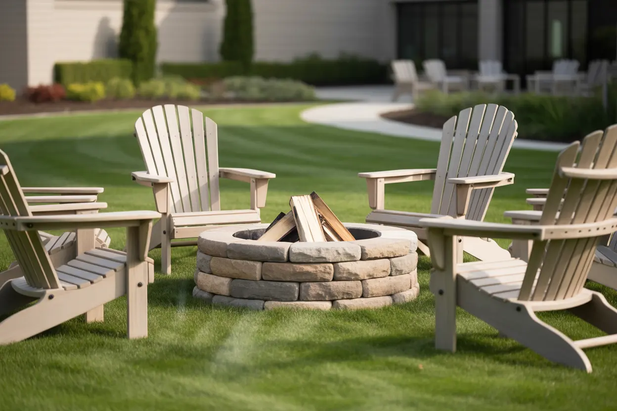 A tranquil stone fire pit with comfortable chairs at an Indiana rehab center, ready for a gathering.