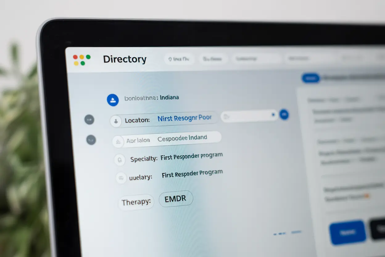A laptop screen showing a directory website with filters for 'Indiana' and 'First Responder Program'.