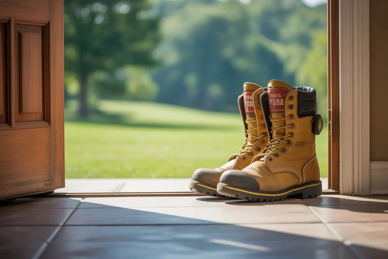 A pair of firefighter boots by a doorway leading to a sunny, green landscape, symbolizing a new beginning.