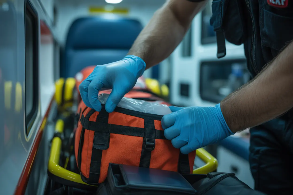A paramedic's gloved hands carefully repacking medical supplies inside an ambulance.