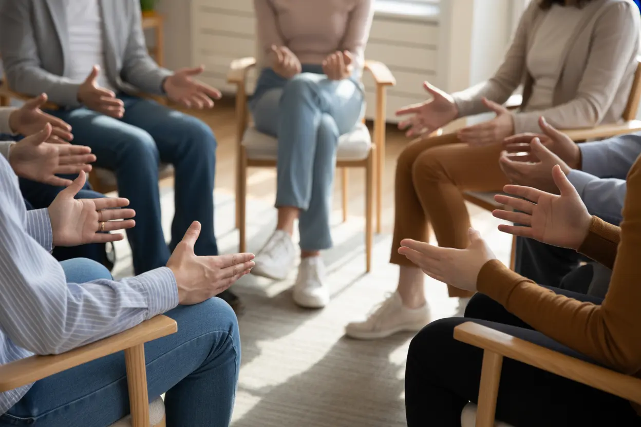 A supportive group therapy session with people sitting in a circle, focused on their hands and body language to maintain anonymity.