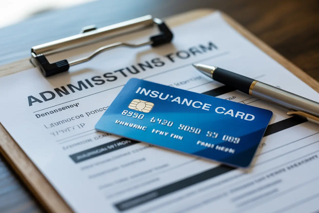 An insurance card and pen resting on a clipboard, representing the administrative step of getting help.