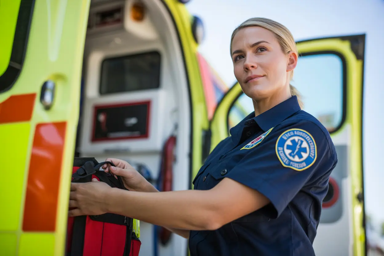 A confident female paramedic stands next to her ambulance, representing women in first responder roles.